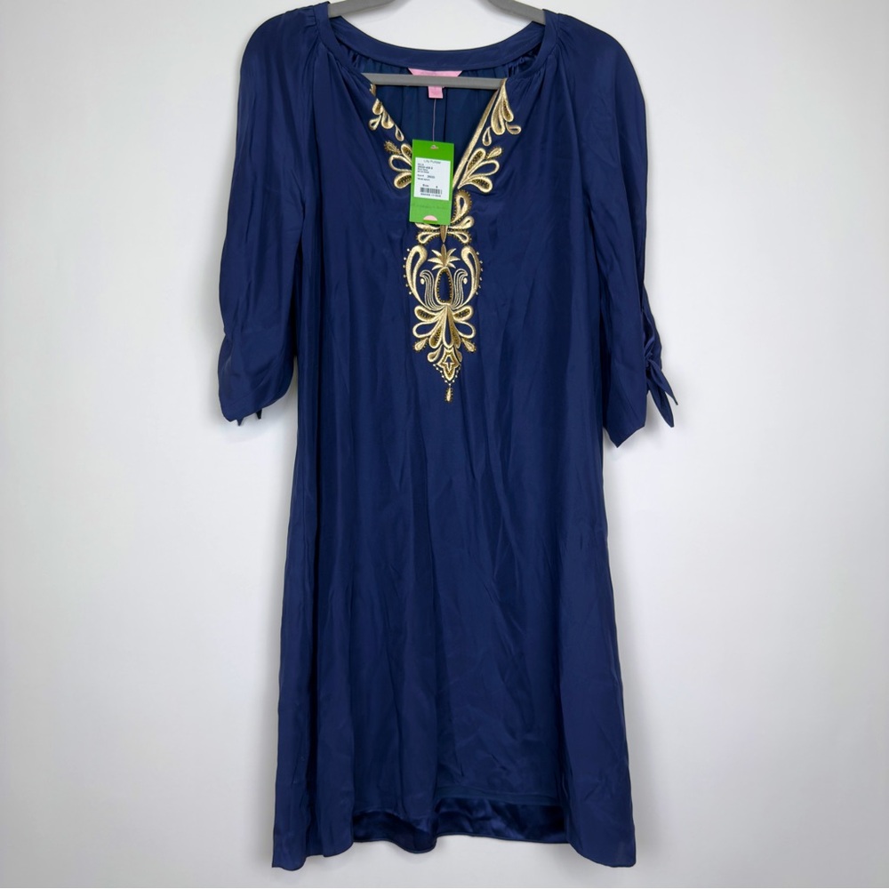NWT Lilly Pulitzer Women’s Bryce Dress 100% Silk Midi Navy Embroidered Small